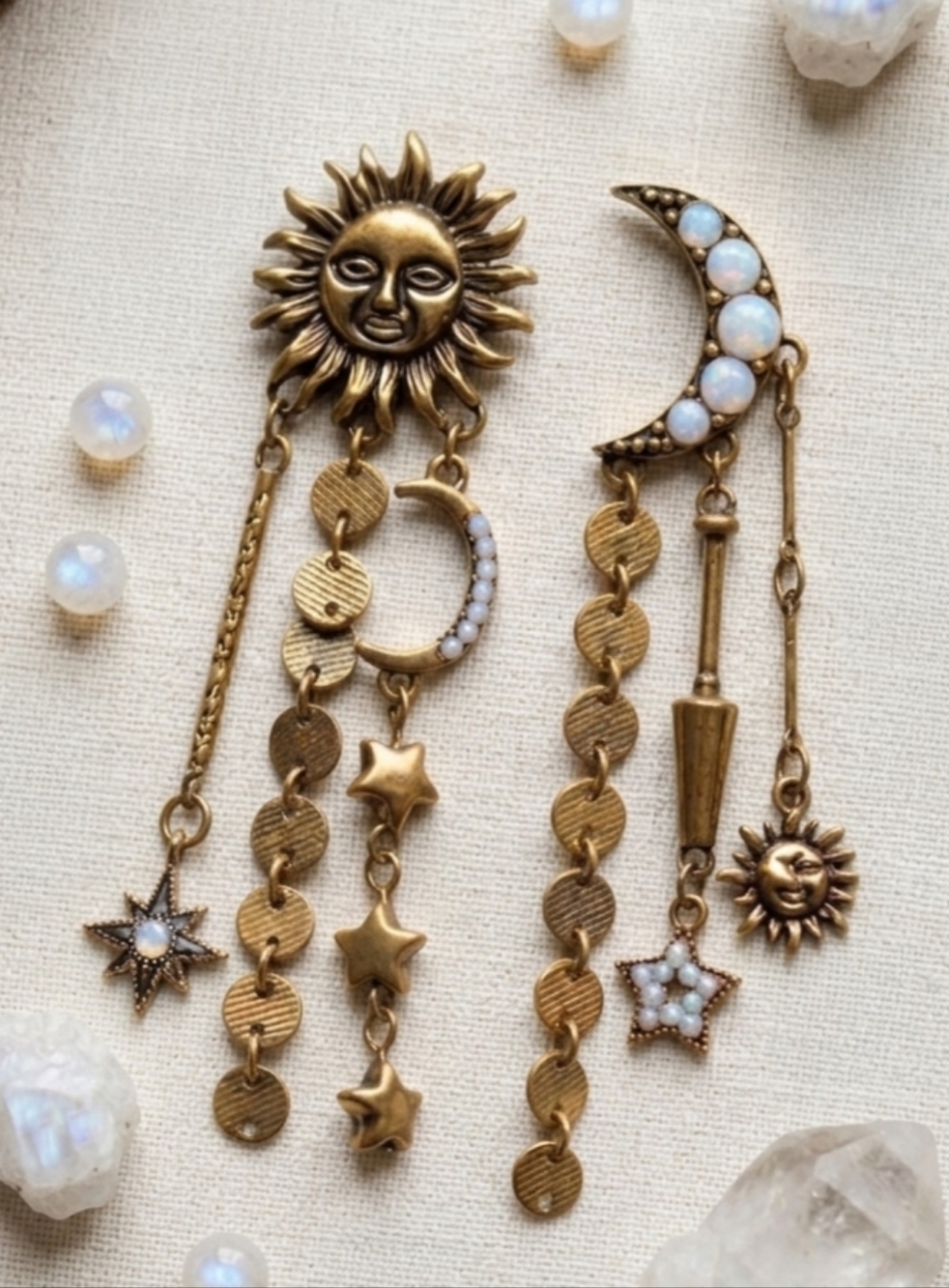 Asymmetric Celestial Sun Moon Dangle Earrings Antique Gold Resin Witchy 3.7in